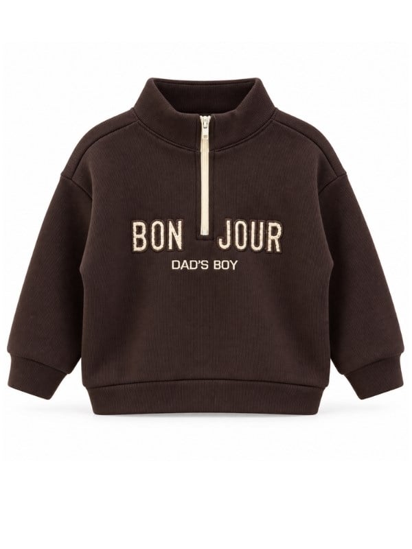 Erkek Bebek Kahverengi Yarım Balıkçı Fermuarlı Yazı Nakışlı Sweatshirt