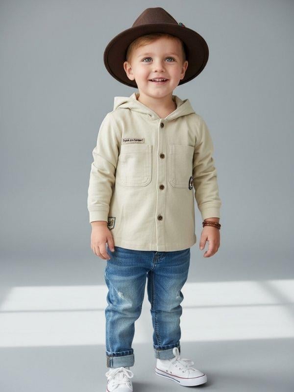 Erkek Bebek Kapüşonlu Düğmeli Ceket