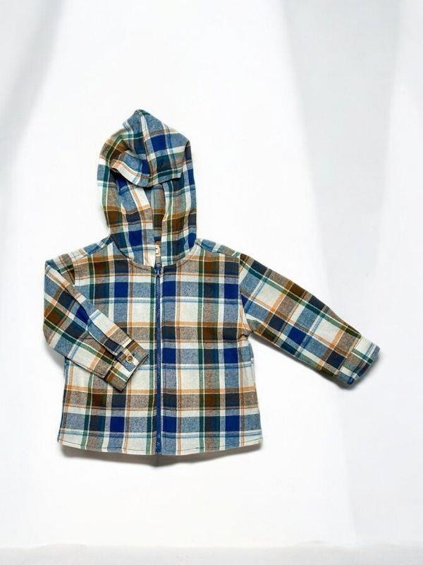 Erkek Bebek Kapüşonlu Ekose Desenli Fermuarlı Hırka