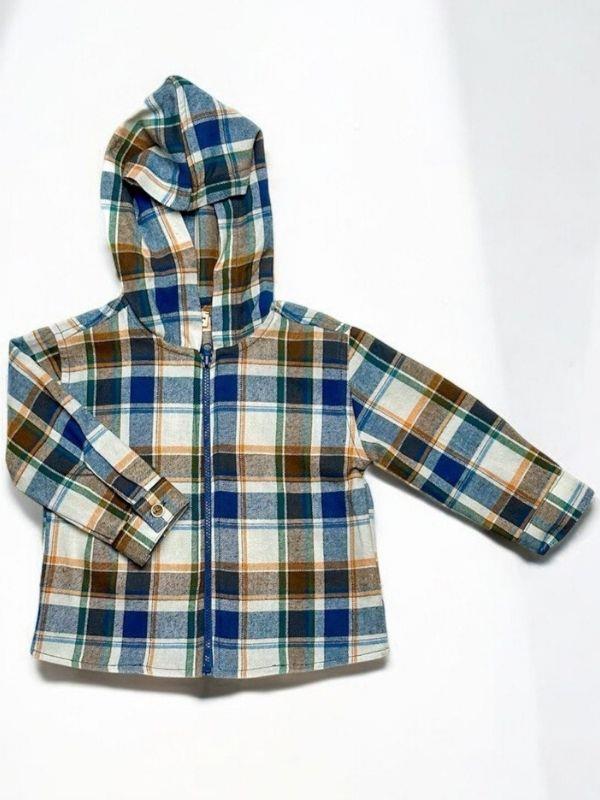 Erkek Bebek Kapüşonlu Ekose Desenli Fermuarlı Hırka