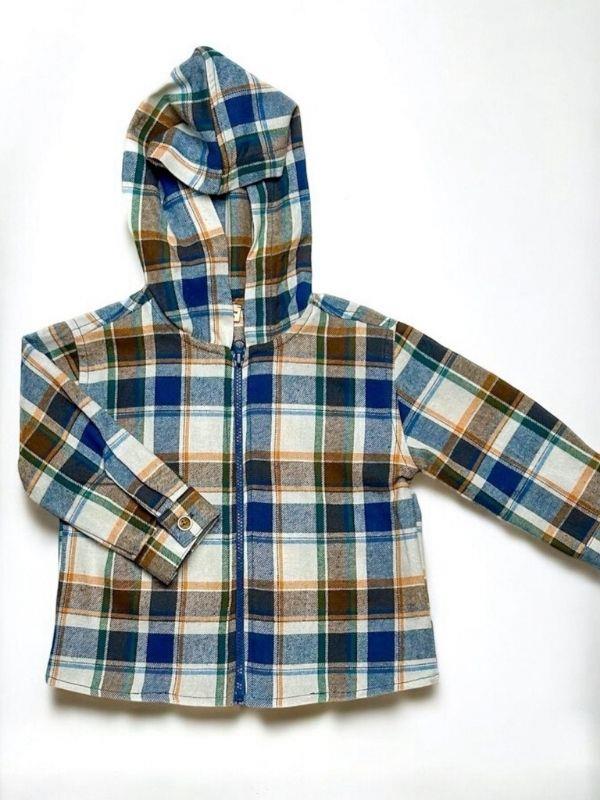 Erkek Bebek Kapüşonlu Ekose Desenli Fermuarlı Hırka