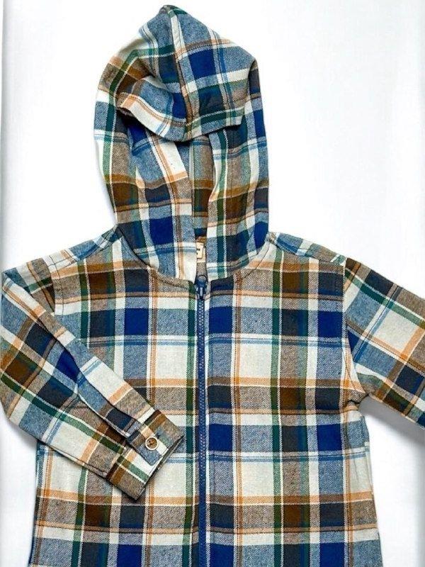 Erkek Bebek Kapüşonlu Ekose Desenli Fermuarlı Hırka