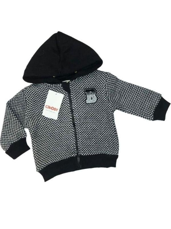 Erkek Bebek Kapüşonlu Kareli Fermuarlı Hırka