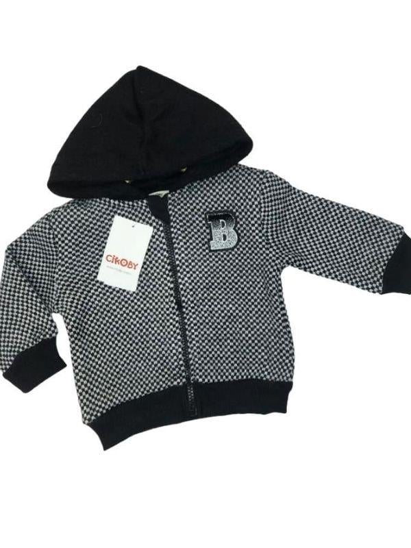 Erkek Bebek Kapüşonlu Kareli Fermuarlı Hırka