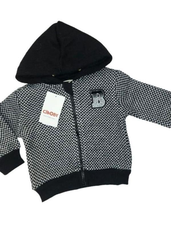 Erkek Bebek Kapüşonlu Kareli Fermuarlı Hırka