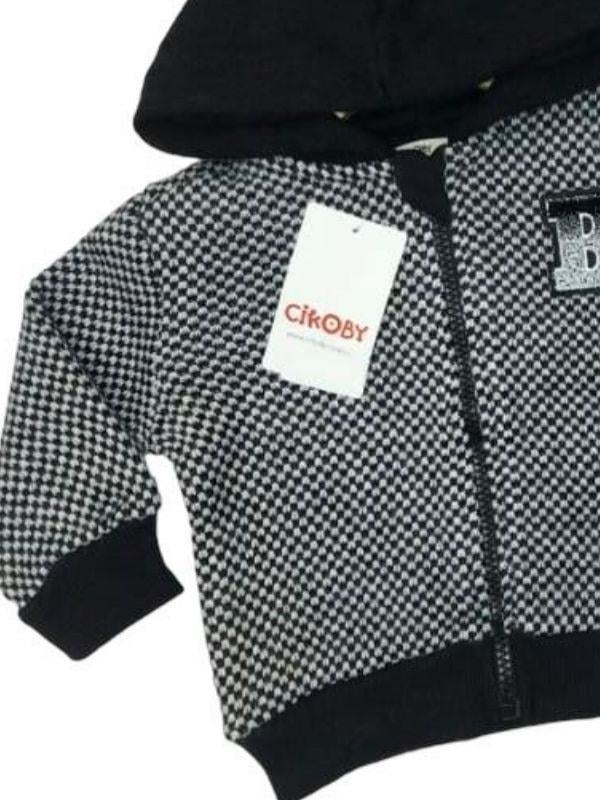 Erkek Bebek Kapüşonlu Kareli Fermuarlı Hırka
