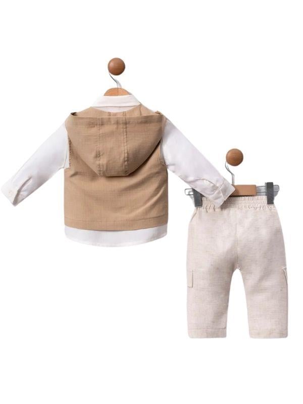 Erkek Bebek Kapüşonlu Yelekli Gömlek Pantolon Takım