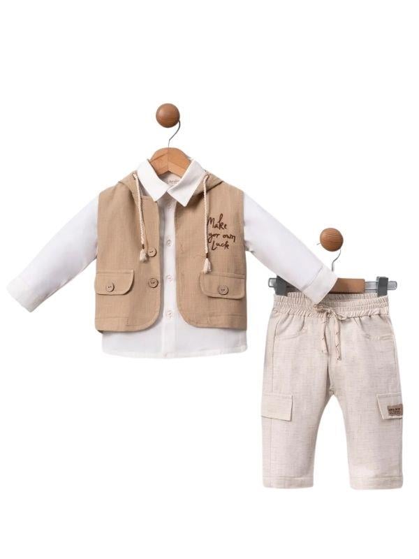 Erkek Bebek Kapüşonlu Yelekli Gömlek Pantolon Takım