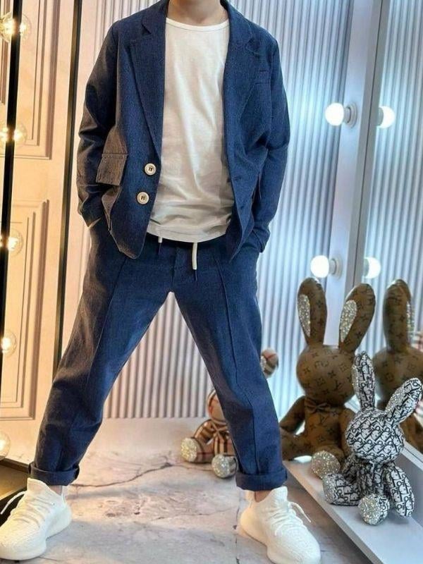 Erkek Bebek Keten Üçlü  Basic Takım Elbise