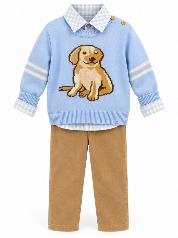 Erkek Bebek Mavi Köpek Desenli Triko Kazak Gömlek ve Pantolon Takım