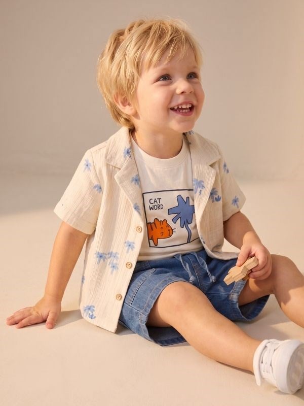 Erkek Bebek Müslin Gömlek T-shirt Şortlu Üçlü Takım