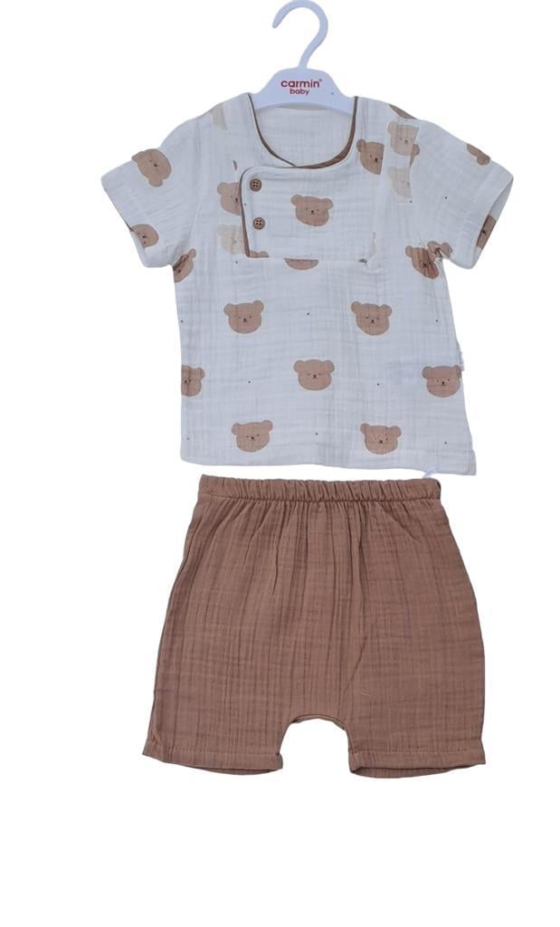 Erkek Bebek Müslin İkili Ayıcıklı Gömlek Şortlu Takım