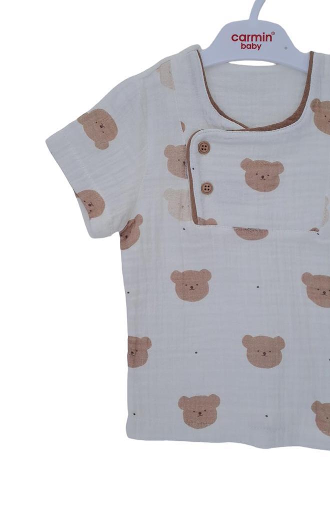 Erkek Bebek Müslin İkili Ayıcıklı Gömlek Şortlu Takım