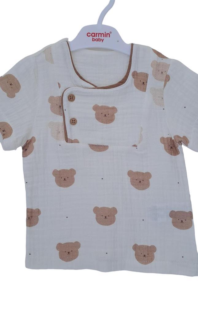 Erkek Bebek Müslin İkili Ayıcıklı Gömlek Şortlu Takım