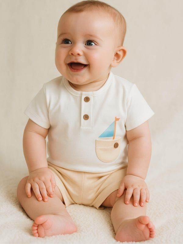 Erkek Bebek Organik Pamuklu Gemi Baskılı T-shirt Şortlu Takım