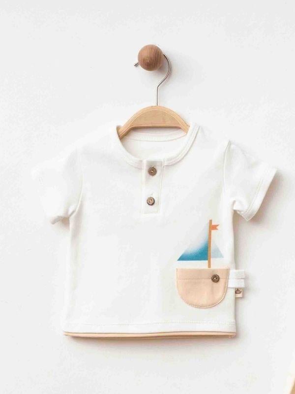 Erkek Bebek Organik Pamuklu Gemi Baskılı T-shirt Şortlu Takım
