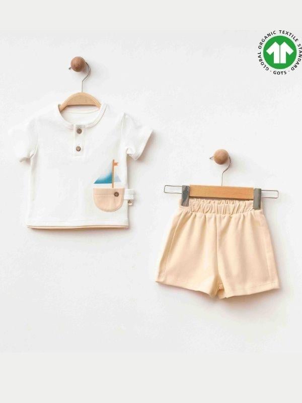 Erkek Bebek Organik Pamuklu Gemi Baskılı T-shirt Şortlu Takım