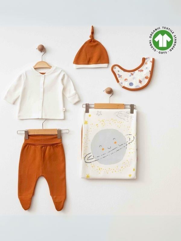 Erkek Bebek Organik Pamuklu Gezegen Baskılı Battaniyeli 5 Parça Hastane Çıkışı