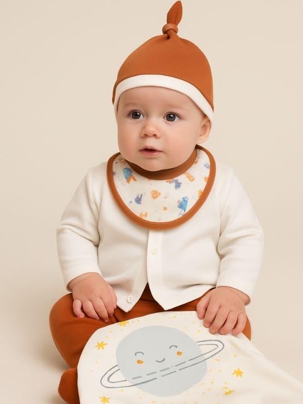 Erkek Bebek Organik Pamuklu Gezegen Baskılı Battaniyeli 5 Parça Hastane Çıkışı