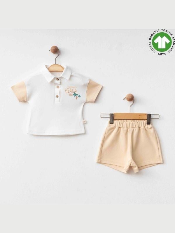 Erkek Bebek Organik Pamuklu Yakalı T-shirt Şortlu Takım