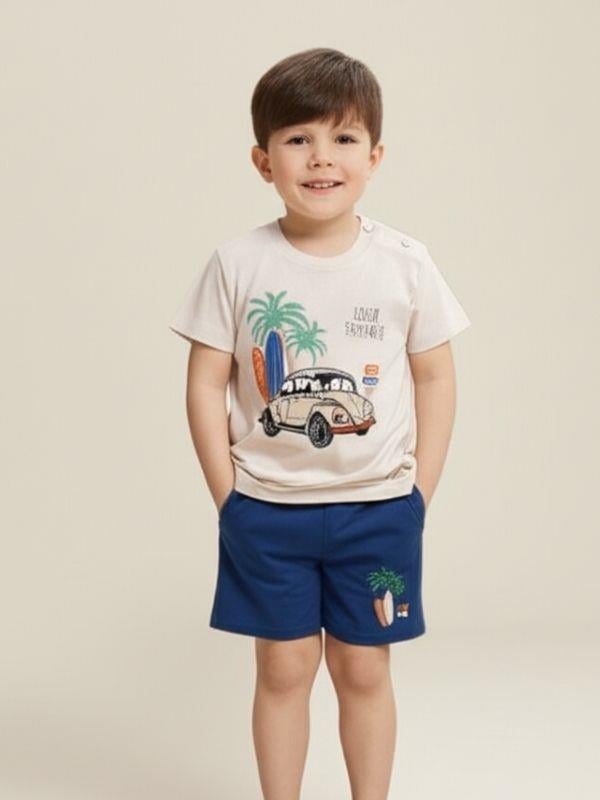 Erkek Bebek Pamuklu Araba Baskılı Şortlu Takım