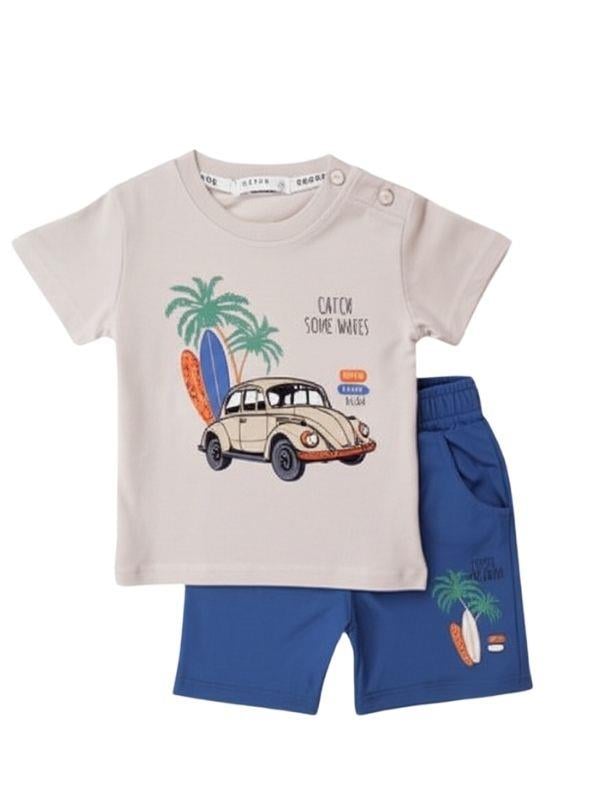 Erkek Bebek Pamuklu Araba Baskılı Şortlu Takım