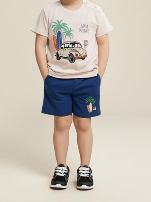 Erkek Bebek Pamuklu Araba Baskılı Şortlu Takım