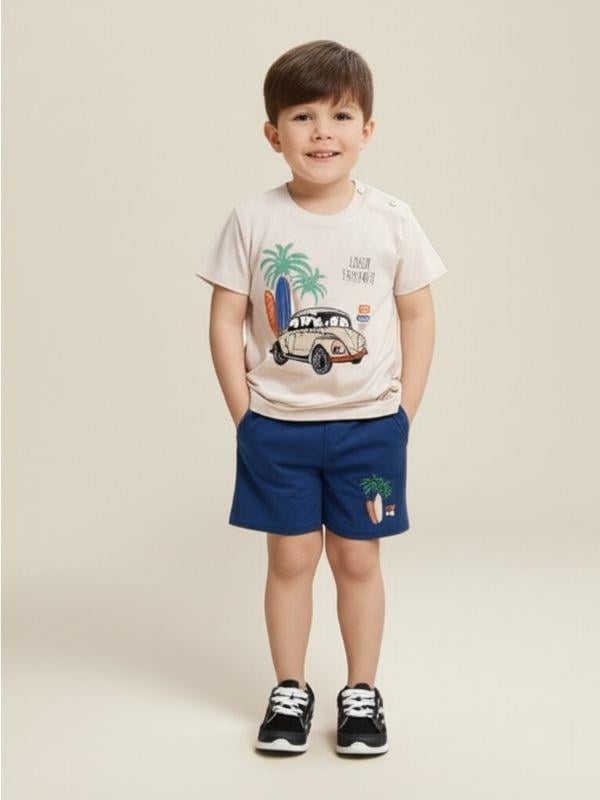 Erkek Bebek Pamuklu Araba Baskılı Şortlu Takım