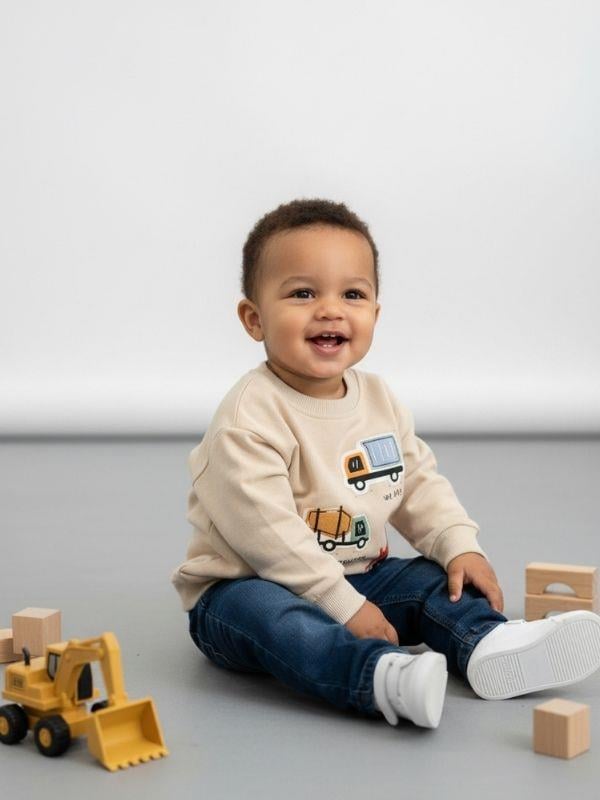 Erkek Bebek Pamuklu Araba Baskılı Sweatshirt