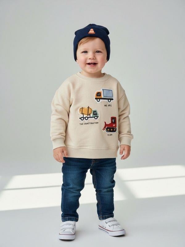 Erkek Bebek Pamuklu Araba Baskılı Sweatshirt