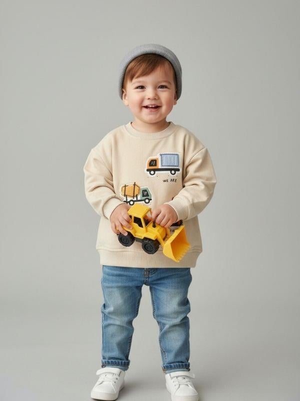 Erkek Bebek Pamuklu Araba Baskılı Sweatshirt