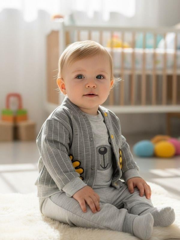 Erkek Bebek Pamuklu Ayıcık Desenli Üçlü Eşofman Takımı