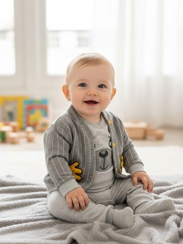 Erkek Bebek Pamuklu Ayıcık Desenli Üçlü Eşofman Takımı