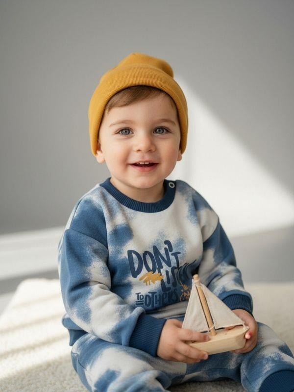 Erkek Bebek Pamuklu Batik Desenli Don't Listen Yazılı Sweatshirt