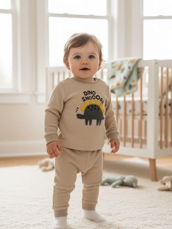 Erkek Bebek Pamuklu Dokulu Kumaş Dinozorlu Eşofman Takımı