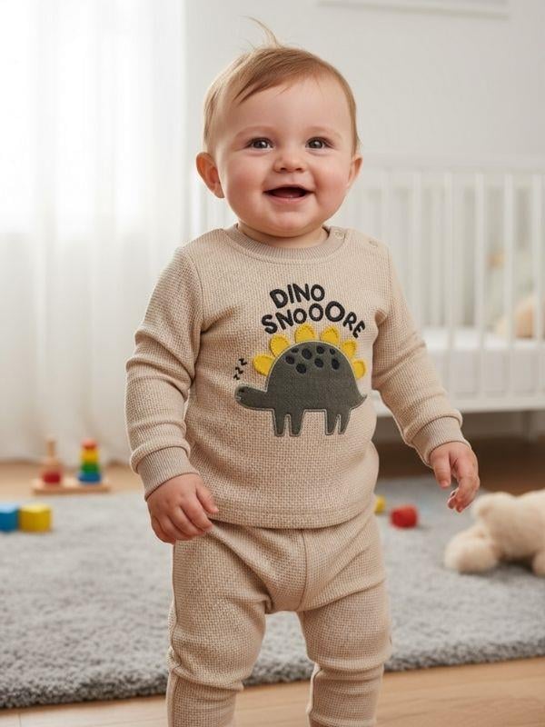 Erkek Bebek Pamuklu Dokulu Kumaş Dinozorlu Eşofman Takımı