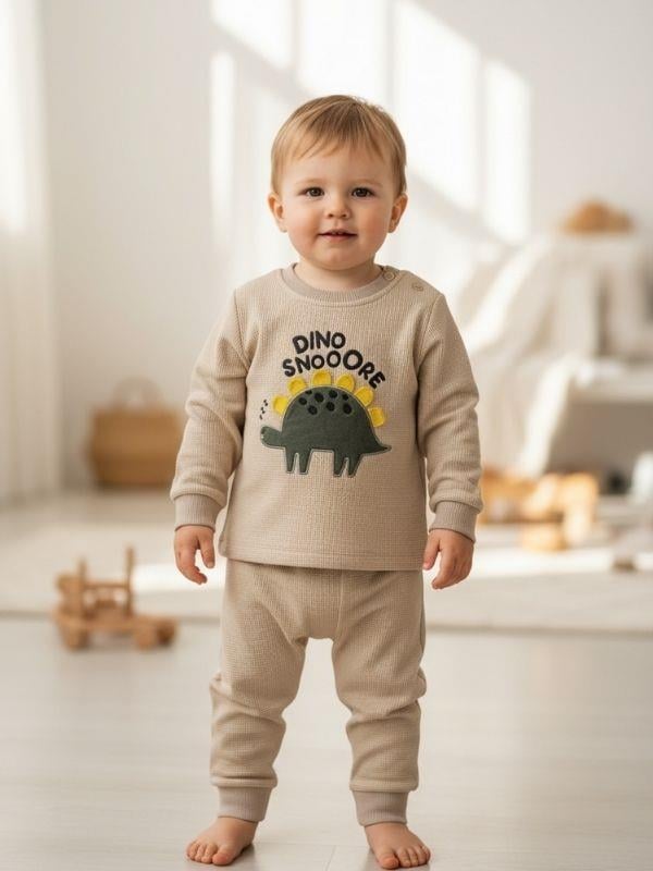Erkek Bebek Pamuklu Dokulu Kumaş Dinozorlu Eşofman Takımı