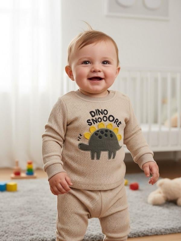 Erkek Bebek Pamuklu Dokulu Kumaş Dinozorlu Eşofman Takımı