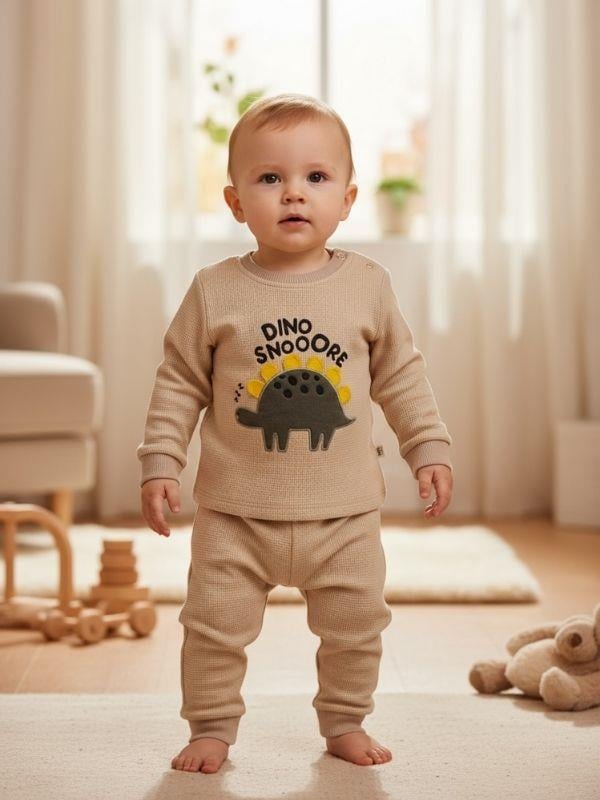 Erkek Bebek Pamuklu Dokulu Kumaş Dinozorlu Eşofman Takımı