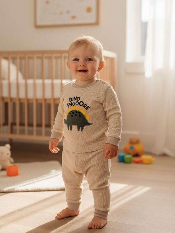 Erkek Bebek Pamuklu Dokulu Kumaş Dinozorlu Eşofman Takımı