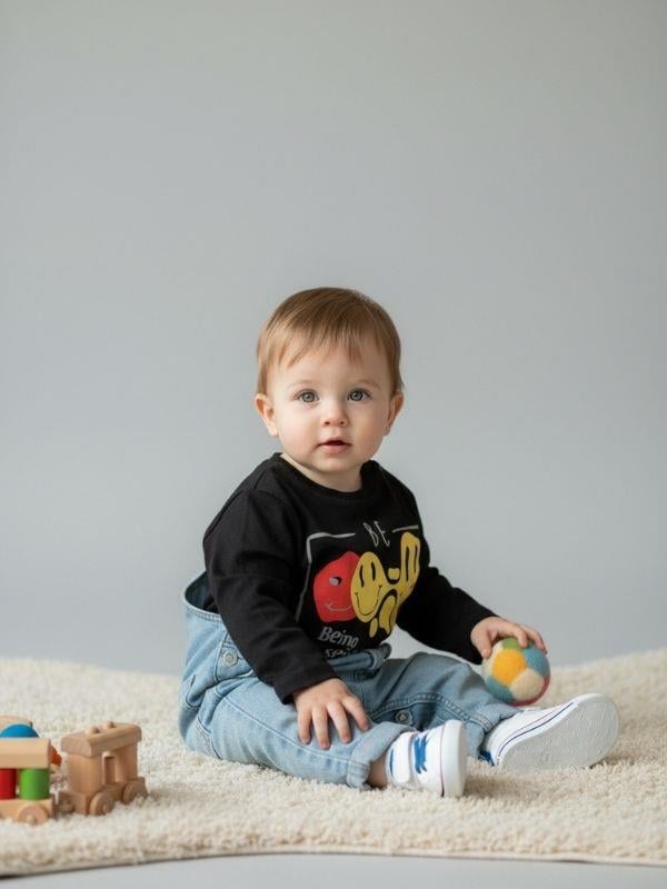 Erkek Bebek Pamuklu Emoji Baskılı İnce Uzun Kollu T-shirt