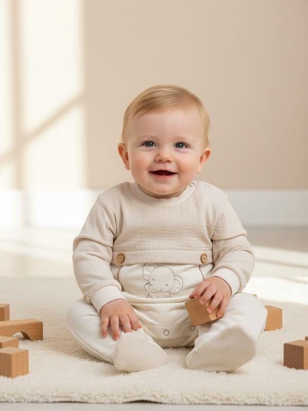 Erkek Bebek Pamuklu Fil Desenli Patikli Tulum