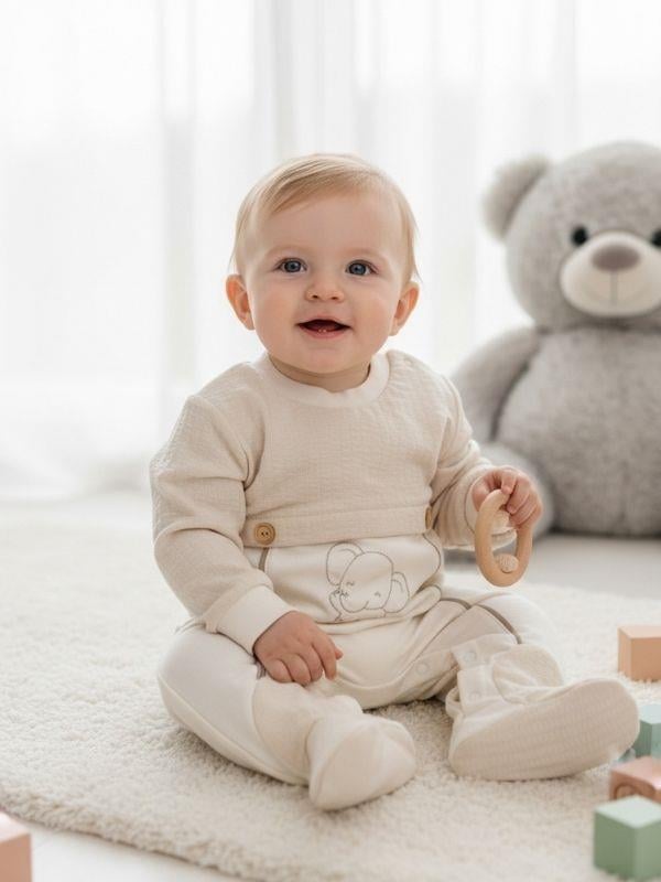 Erkek Bebek Pamuklu Fil Desenli Patikli Tulum