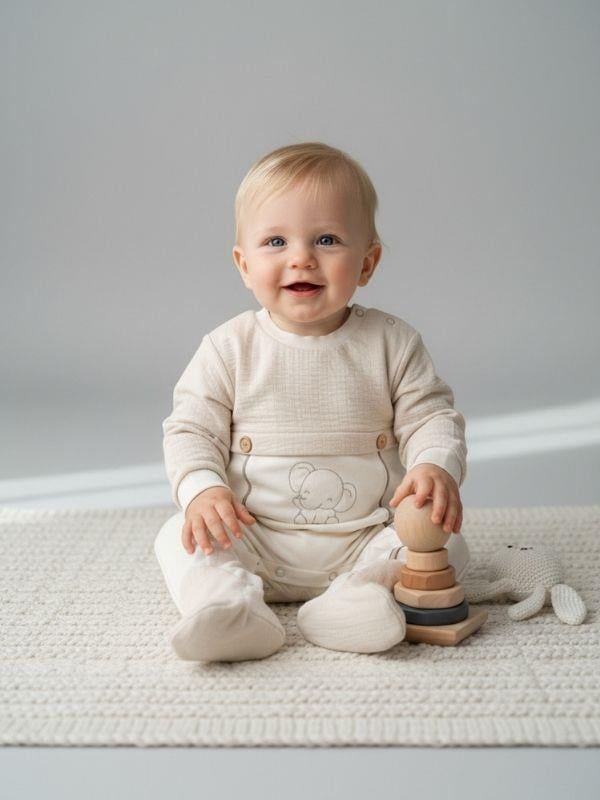 Erkek Bebek Pamuklu Fil Desenli Patikli Tulum