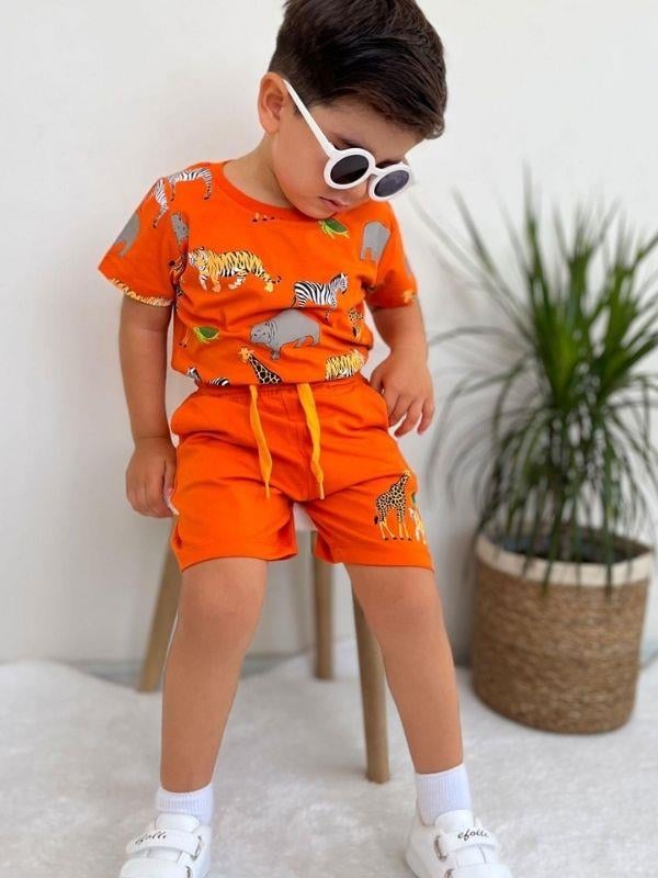 Erkek Bebek Pamuklu Hayvan Baskılı Şortlu Takım