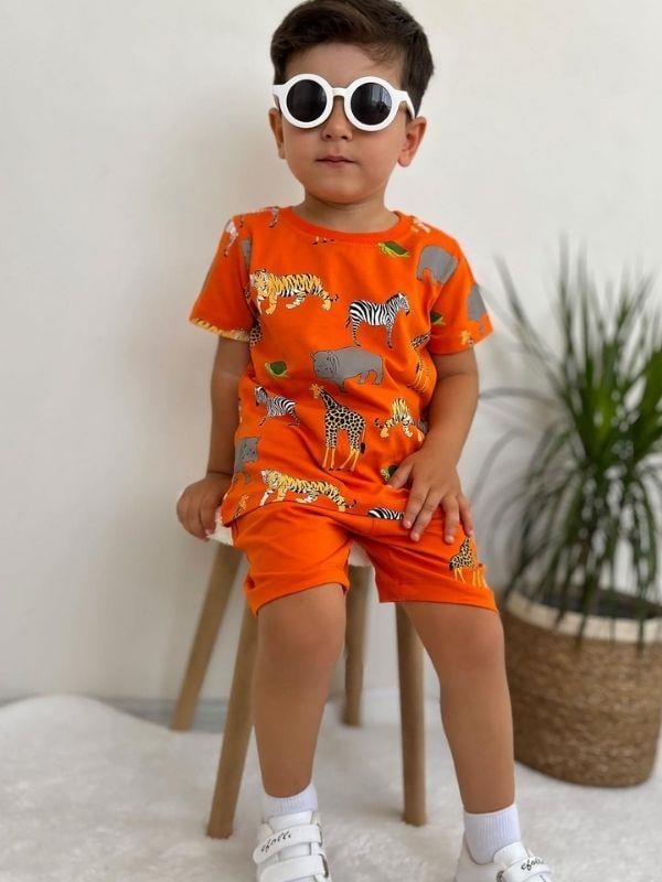 Erkek Bebek Pamuklu Hayvan Baskılı Şortlu Takım