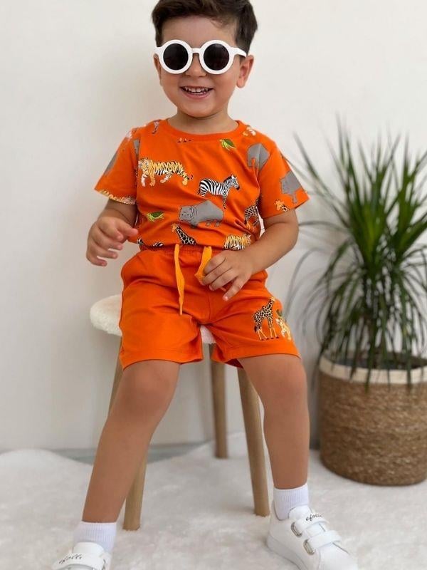 Erkek Bebek Pamuklu Hayvan Baskılı Şortlu Takım