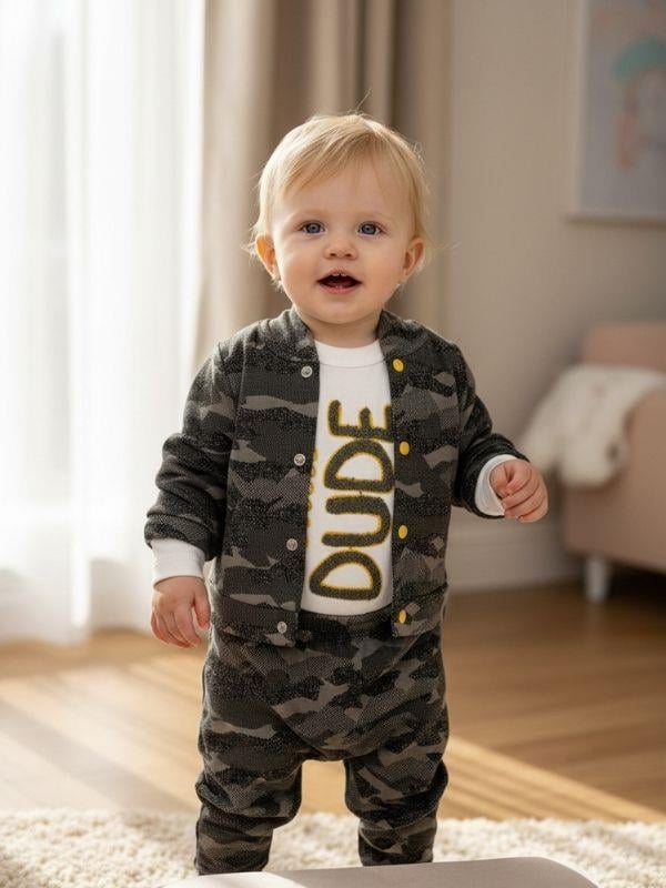 Erkek Bebek Pamuklu Kamuflaj Desenli Üçlü EşofmanTakımı