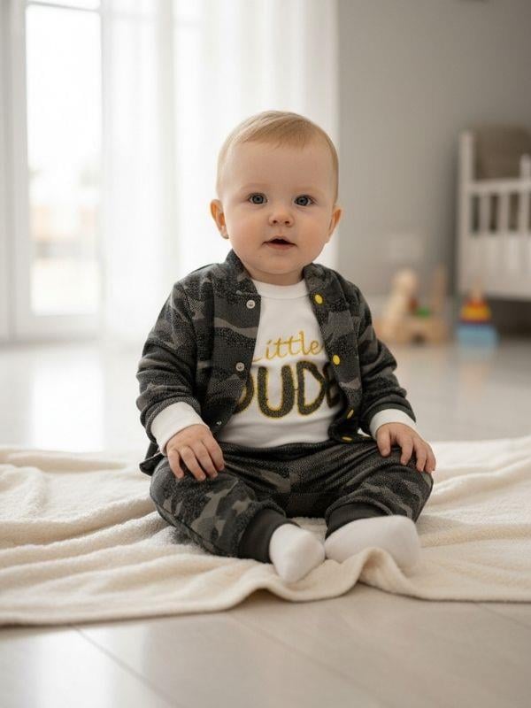 Erkek Bebek Pamuklu Kamuflaj Desenli Üçlü EşofmanTakımı