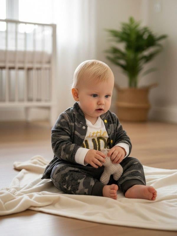 Erkek Bebek Pamuklu Kamuflaj Desenli Üçlü EşofmanTakımı